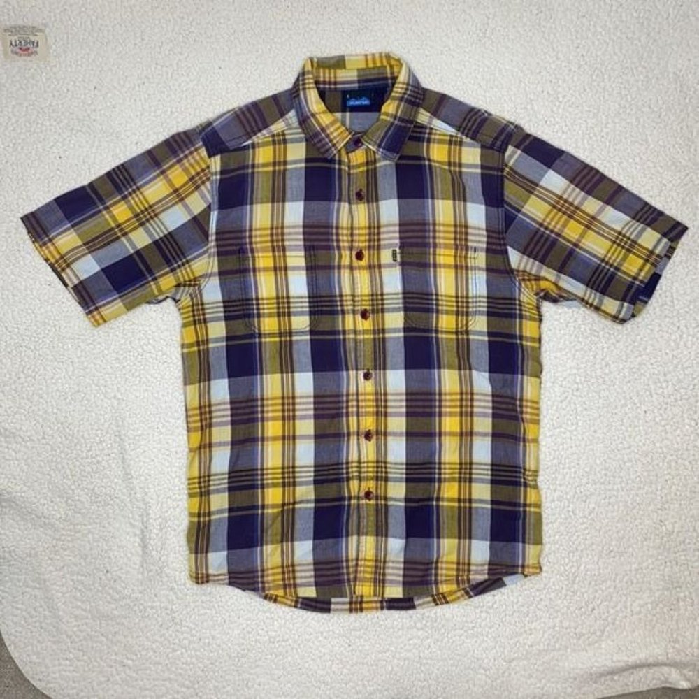 Kavu Purple Yellow Plaid Short Sleeve Button Down Shirt: Size Small